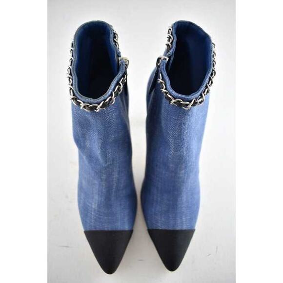 Chanel 20C Blue Denim Fabric Black Chain CC Logo Short Ankle Heel Boot Bootie 39 - Picture 6 of 11